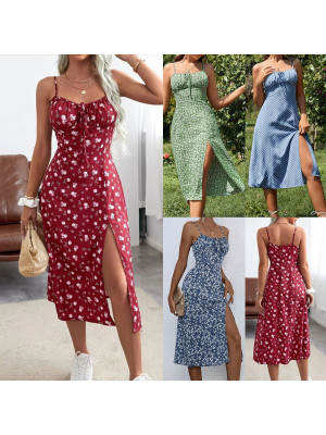 Women Floral Sleeveless Midi Dress Ladies Summer Holiday Beach Strappy Dresses