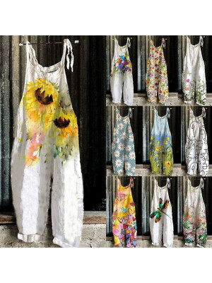 Women Boho Floral Jumpsuit Dungaree Ladies Summer Loose Romper Playsuit Overalls