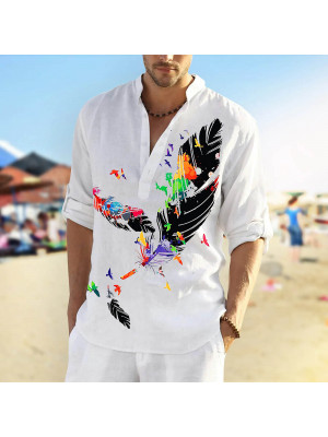 Mens Summer Long Sleeve Linen Print Shirts Loose Casual Dress Shirt Blouse Tops UK