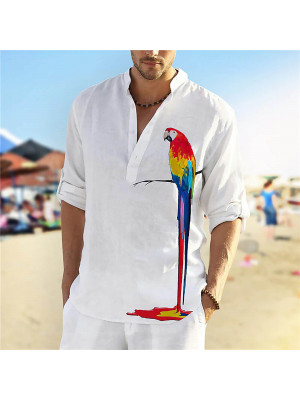 Mens Summer Long Sleeve Linen Print Shirts Loose Casual Dress Shirt Blouse Tops UK