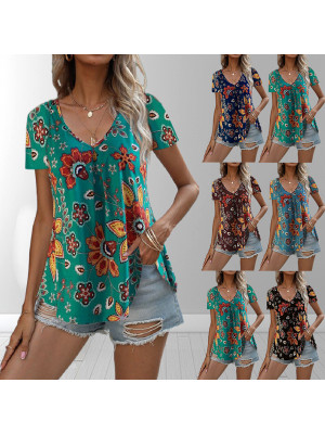 Womens Print Summer Blouse Short Sleeve T Shirt Ladies V Neck Casual Tops Tee