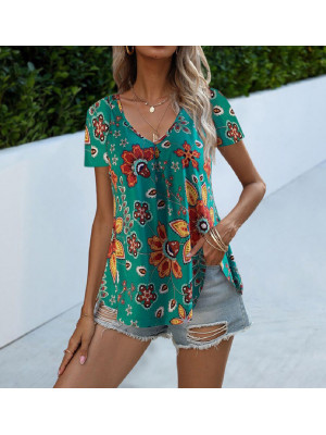 Womens Print Summer Blouse Short Sleeve T Shirt Ladies V Neck Casual Tops Tee