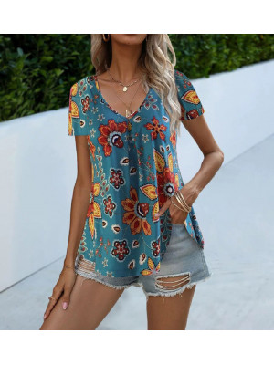 Womens Print Summer Blouse Short Sleeve T Shirt Ladies V Neck Casual Tops Tee