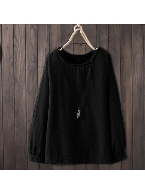 Womens Cotton Linen Summer Long Sleeve Loose T-shirt Blouse Ladies Casual Tops