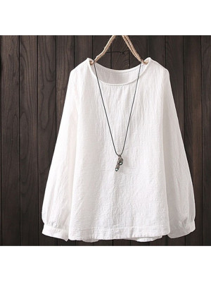 Womens Cotton Linen Summer Long Sleeve Loose T-shirt Blouse Ladies Casual Tops