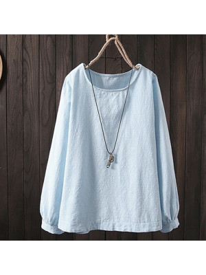 Womens Cotton Linen Summer Long Sleeve Loose T-shirt Blouse Ladies Casual Tops