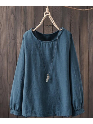 Womens Cotton Linen Summer Long Sleeve Loose T-shirt Blouse Ladies Casual Tops