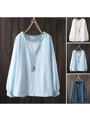 Womens Cotton Linen Summer Long Sleeve Loose T-shirt Blouse Ladies Casual Tops