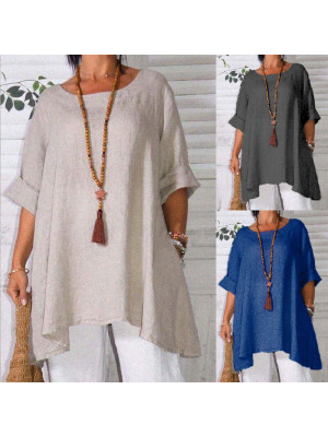 Women Summer Cotton Linen Baggy Tunic Top Ladies Casual T-Shirt Blouse Plus Size