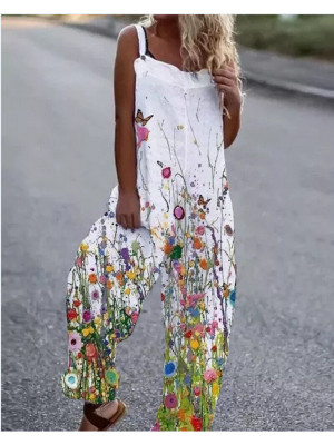 Womens Printed Dungarees Jumpsuits Trousers Ladies Playsuit Overalls Baggy Pants