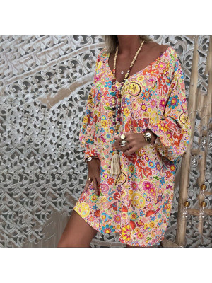 Womens Floral Sundress Pullover Boho Ladies V neck Mini Dress Summer Plus Size