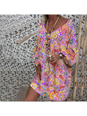 Womens Floral Sundress Pullover Boho Ladies V neck Mini Dress Summer Plus Size