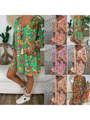 Womens Floral Sundress Pullover Boho Ladies V neck Mini Dress Summer Plus Size