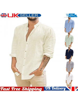 Mens Long Sleeve Cotton Linen Shirt Summer Solid Loose Casual Shirt Blouse Tops