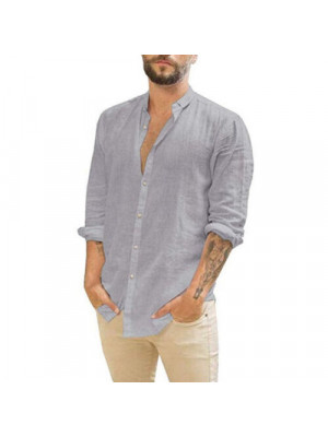 Mens Long Sleeve Cotton Linen Shirt Summer Solid Loose Casual Shirt Blouse Tops