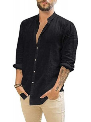 Mens Long Sleeve Cotton Linen Shirt Summer Solid Loose Casual Shirt Blouse Tops