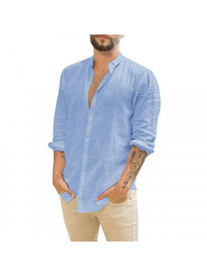 Mens Long Sleeve Cotton Linen Shirt Summer Solid Loose Casual Shirt Blouse Tops