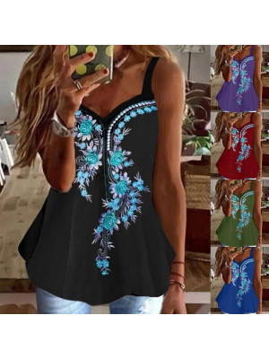 Womens Boho Floral Strappy Vest Tops Ladies Summer T Shirt Sleeveless Blouse UK