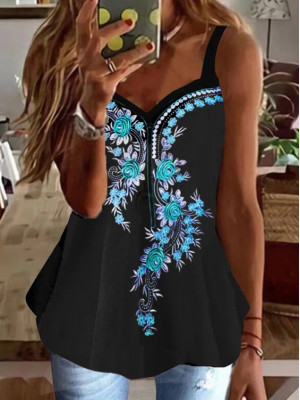 Womens Boho Floral Strappy Vest Tops Ladies Summer T Shirt Sleeveless Blouse UK