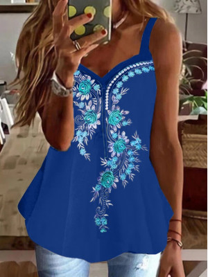 Womens Boho Floral Strappy Vest Tops Ladies Summer T Shirt Sleeveless Blouse UK