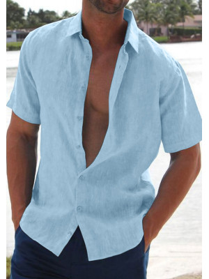 Mens Short Sleeve Linen Shirts Summer Solid Loose Casual Shirt Blouse Tee Tops