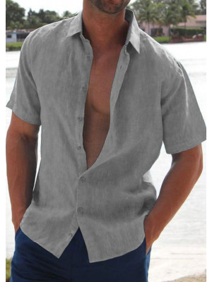 Mens Short Sleeve Linen Shirts Summer Solid Loose Casual Shirt Blouse Tee Tops