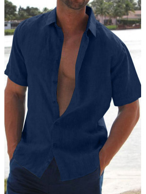 Mens Short Sleeve Linen Shirts Summer Solid Loose Casual Shirt Blouse Tee Tops