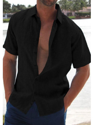 Mens Short Sleeve Linen Shirts Summer Solid Loose Casual Shirt Blouse Tee Tops