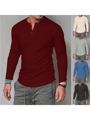 New Mens T Shirts Long Sleeve Henley Grandad Collar Tees Plain Casual Button Top