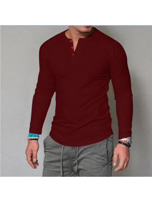 New Mens T Shirts Long Sleeve Henley Grandad Collar Tees Plain Casual Button Top