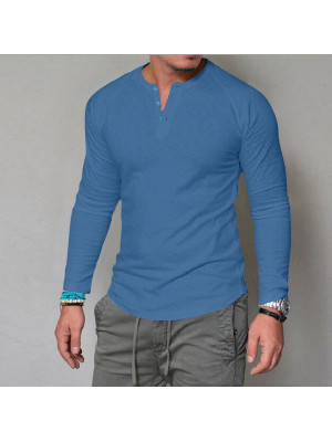 New Mens T Shirts Long Sleeve Henley Grandad Collar Tees Plain Casual Button Top