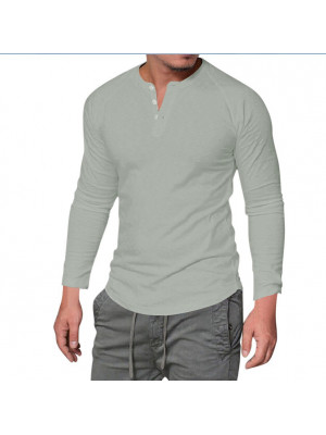 New Mens T Shirts Long Sleeve Henley Grandad Collar Tees Plain Casual Button Top