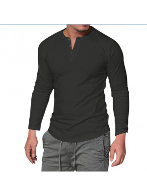 New Mens T Shirts Long Sleeve Henley Grandad Collar Tees Plain Casual Button Top