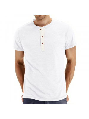 Mens Summer Short Sleeve T-shirt Causal Solid Henry Shirt Tops Buttons Blouse