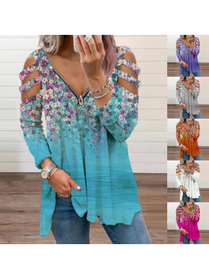 Ladies Autumn Lone Sleeve T-shirts Tops Womens Boho Long Sleeve Print Blouse