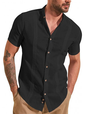 Mens Linen Style Short Sleeve Button Down Shirts Loose Casual Beach Blouse Tops