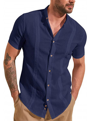 Mens Linen Style Short Sleeve Button Down Shirts Loose Casual Beach Blouse Tops