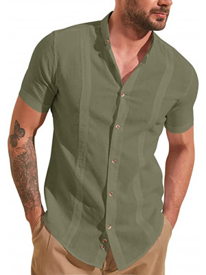 Mens Linen Style Short Sleeve Button Down Shirts Loose Casual Beach Blouse Tops