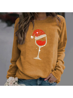 Womens Xmas Sweatshirt Pullover Tops Wine Glass Long Sleeve Casual Blouse Tee