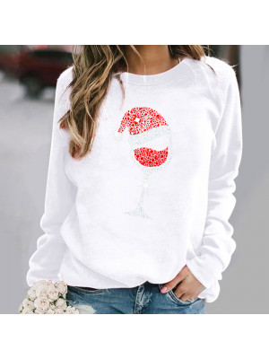 Womens Xmas Sweatshirt Pullover Tops Wine Glass Long Sleeve Casual Blouse Tee