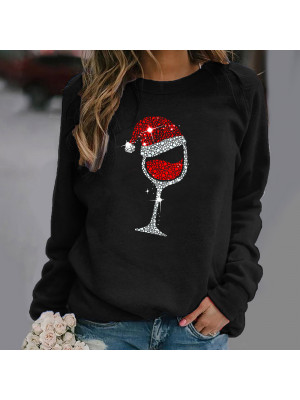 Womens Xmas Sweatshirt Pullover Tops Wine Glass Long Sleeve Casual Blouse Tee