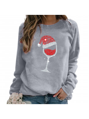 Womens Xmas Sweatshirt Pullover Tops Wine Glass Long Sleeve Casual Blouse Tee