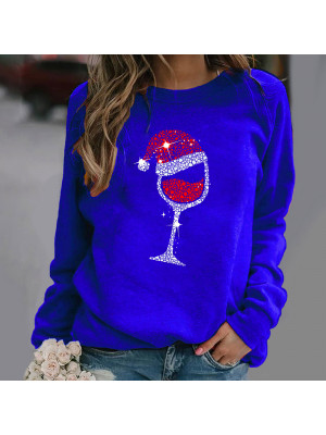 Womens Xmas Sweatshirt Pullover Tops Wine Glass Long Sleeve Casual Blouse Tee