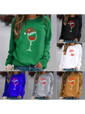 Womens Xmas Sweatshirt Pullover Tops Wine Glass Long Sleeve Casual Blouse Tee