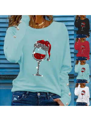 Womens Xmas Christmas Wine Glass Long Sleeve T Shirt Blouse Casual Pullover Tops