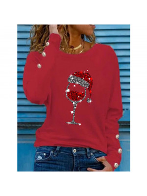 Womens Xmas Christmas Wine Glass Long Sleeve T Shirt Blouse Casual Pullover Tops