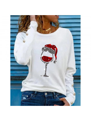 Womens Xmas Christmas Wine Glass Long Sleeve T Shirt Blouse Casual Pullover Tops