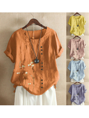 Women Cotton Linen Summer Floral Blouse Tops Ladies Short Sleeve Shirt Plus Size