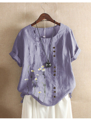 Women Cotton Linen Summer Floral Blouse Tops Ladies Short Sleeve Shirt Plus Size