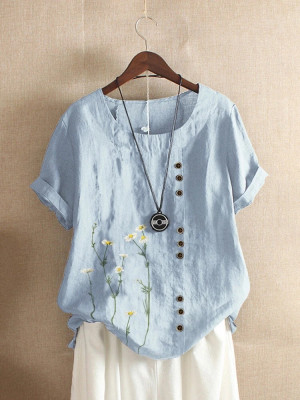 Women Cotton Linen Summer Floral Blouse Tops Ladies Short Sleeve Shirt Plus Size